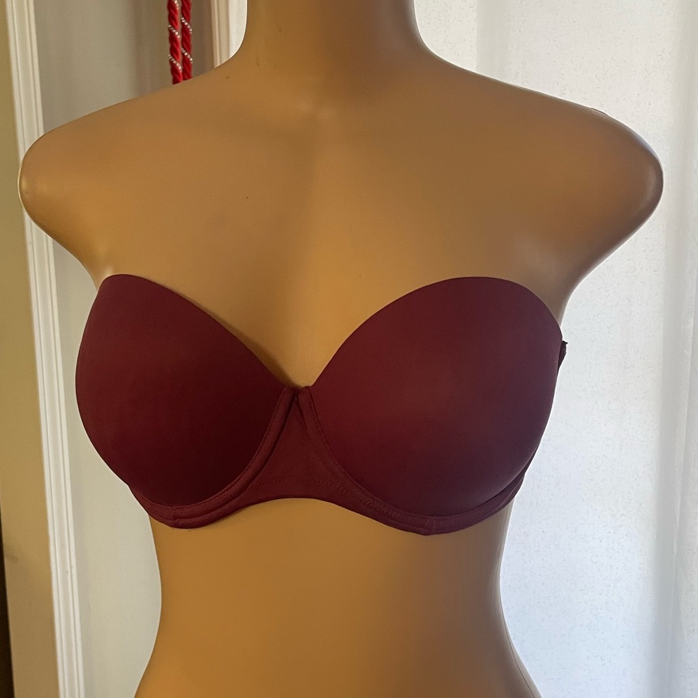 Pink Victoria Secret Strapless Burgundy Bra 32DD feminine support push-up cupped